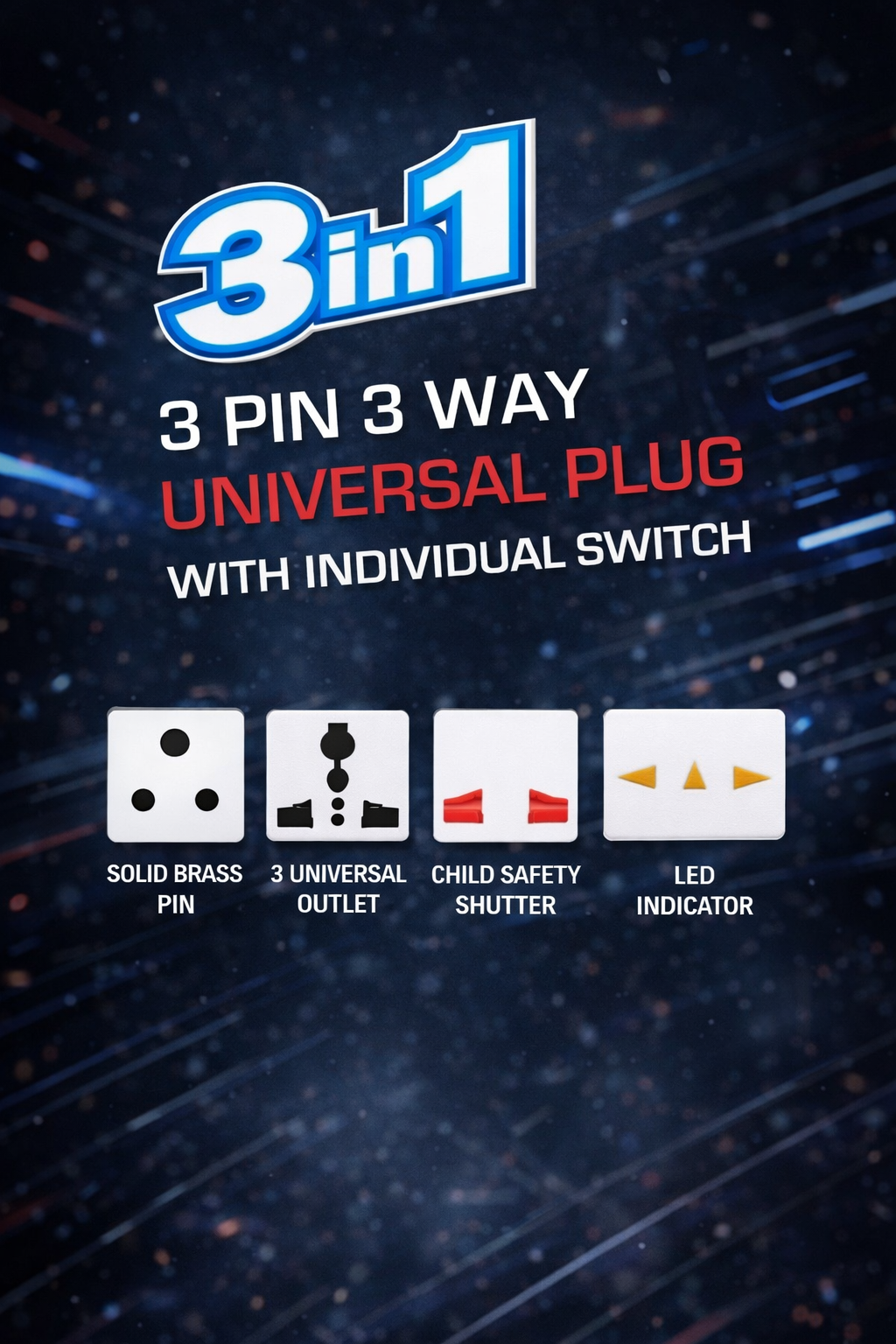 3 in 1 Universal Plug Adapter | Multi Pin International Socket